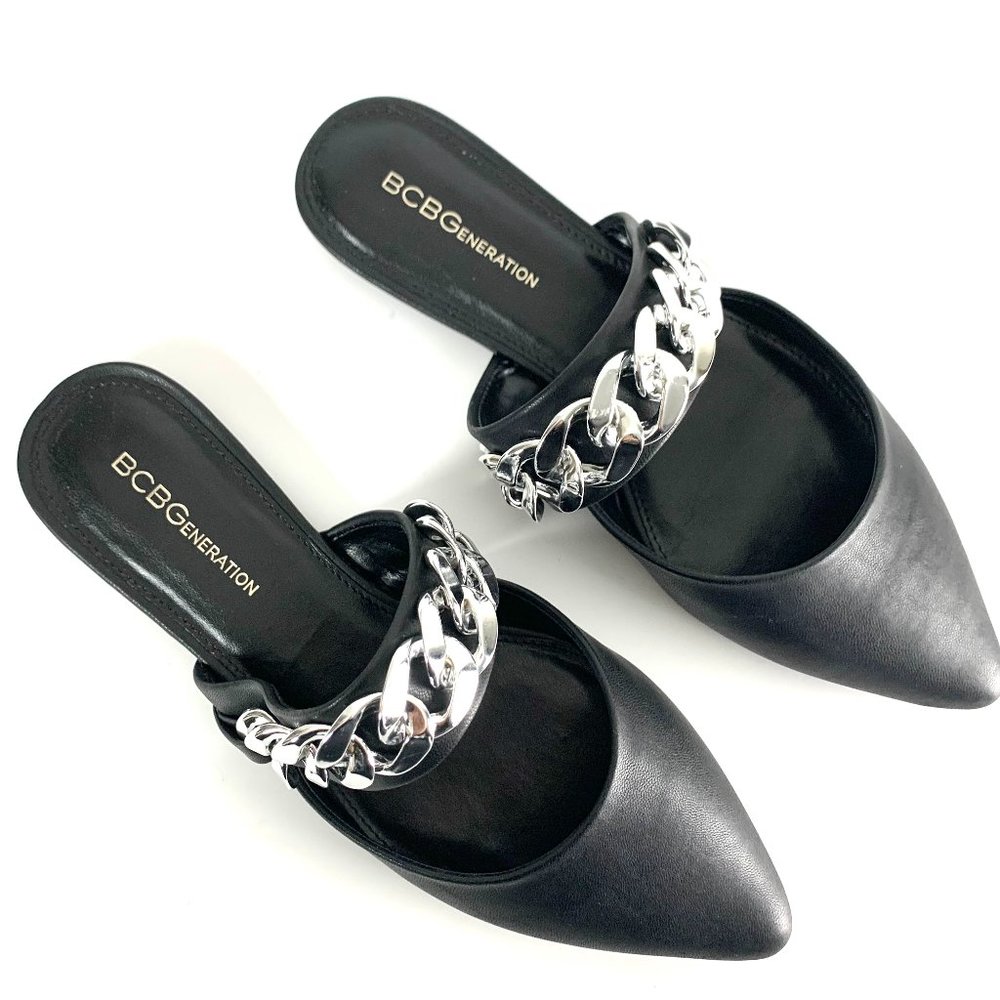 BCBGeneration Womens Black Leather Pointed Toe Slip On Mules Size 7.5